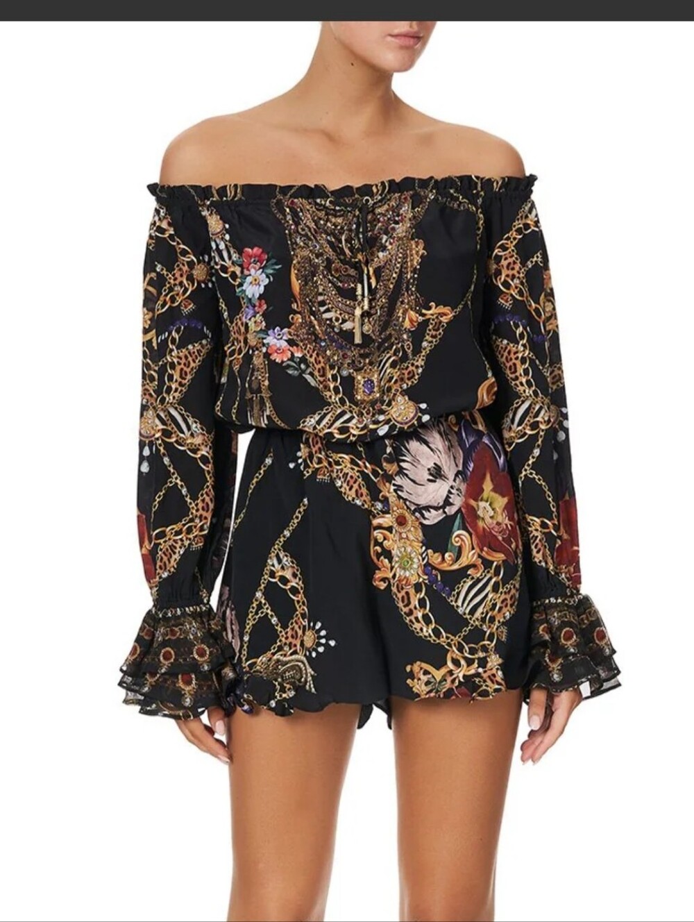 Camilla Drop Shoulder Frill Playsuit A Night In The 90's Black Stunning New Silk